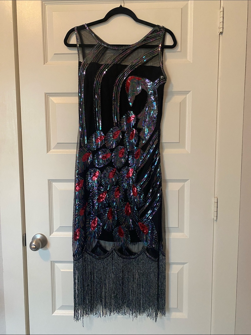 Black Sequin Peacock Midi Dress with Fringe